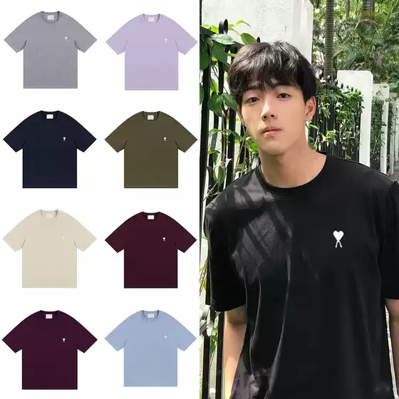 AMI CLAMS Unisex Embroidered Heart Contrast Color Crewneck Short Sleeve Loose Cotton T-Shirt Summer New Top