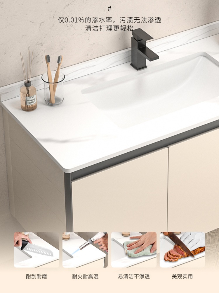 Estilo crema fabricante de gabinete de baño de aluminio espacio lavabo gabinete combinación lavabo fregadero mesa de lavado de cerámica cuenca integrada
