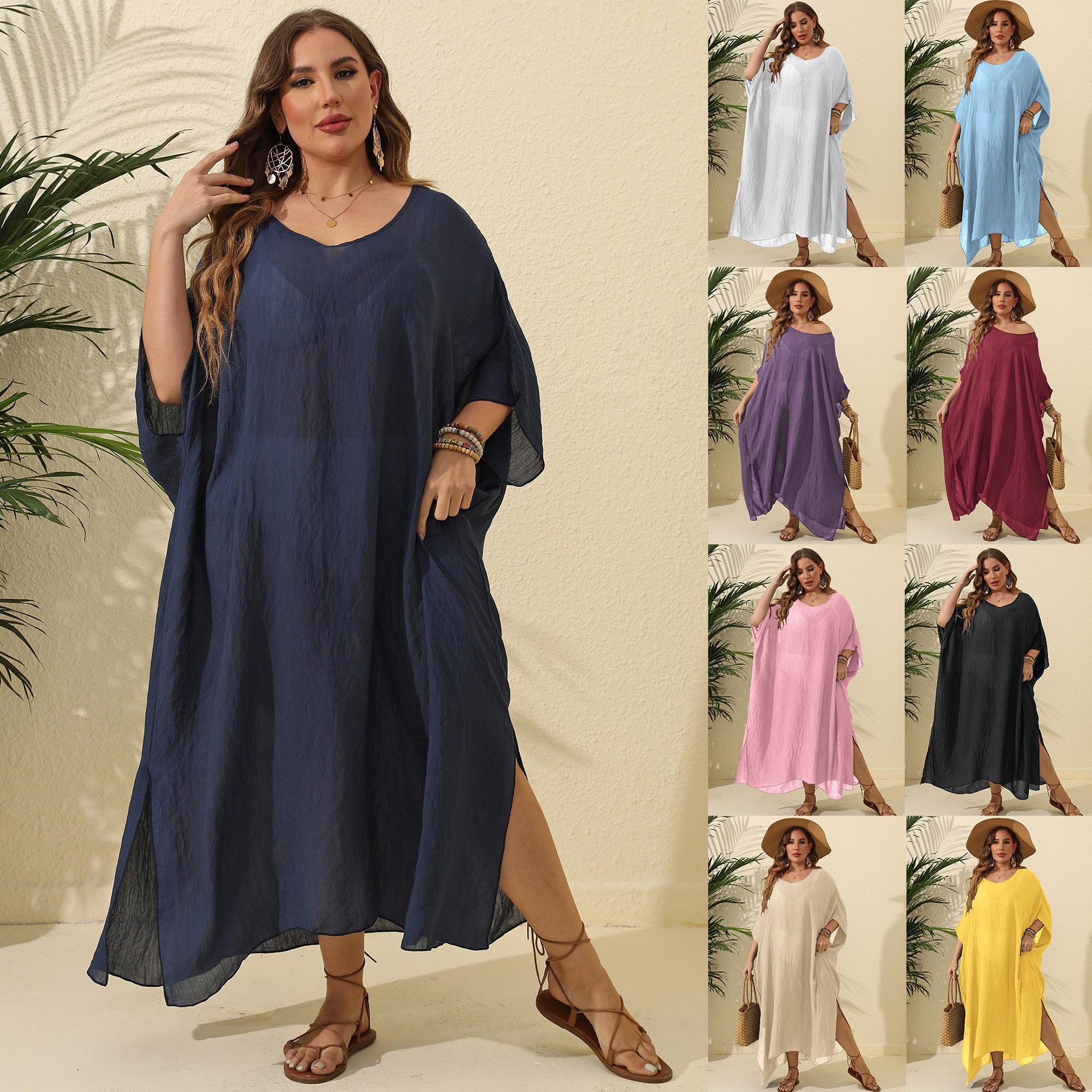 Women's dress Cross-border European and American plus size Women's Solid Color Loose Blouse Beach Vacation Split Dress