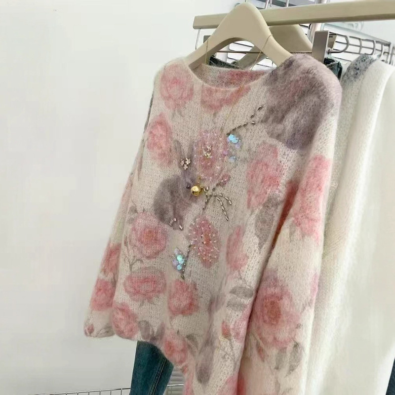 Heavy Beaded Sequin Pink Printed Mohair Pullover Outer Wear Lazy Style Loose Women's Knitted Sweater New Style