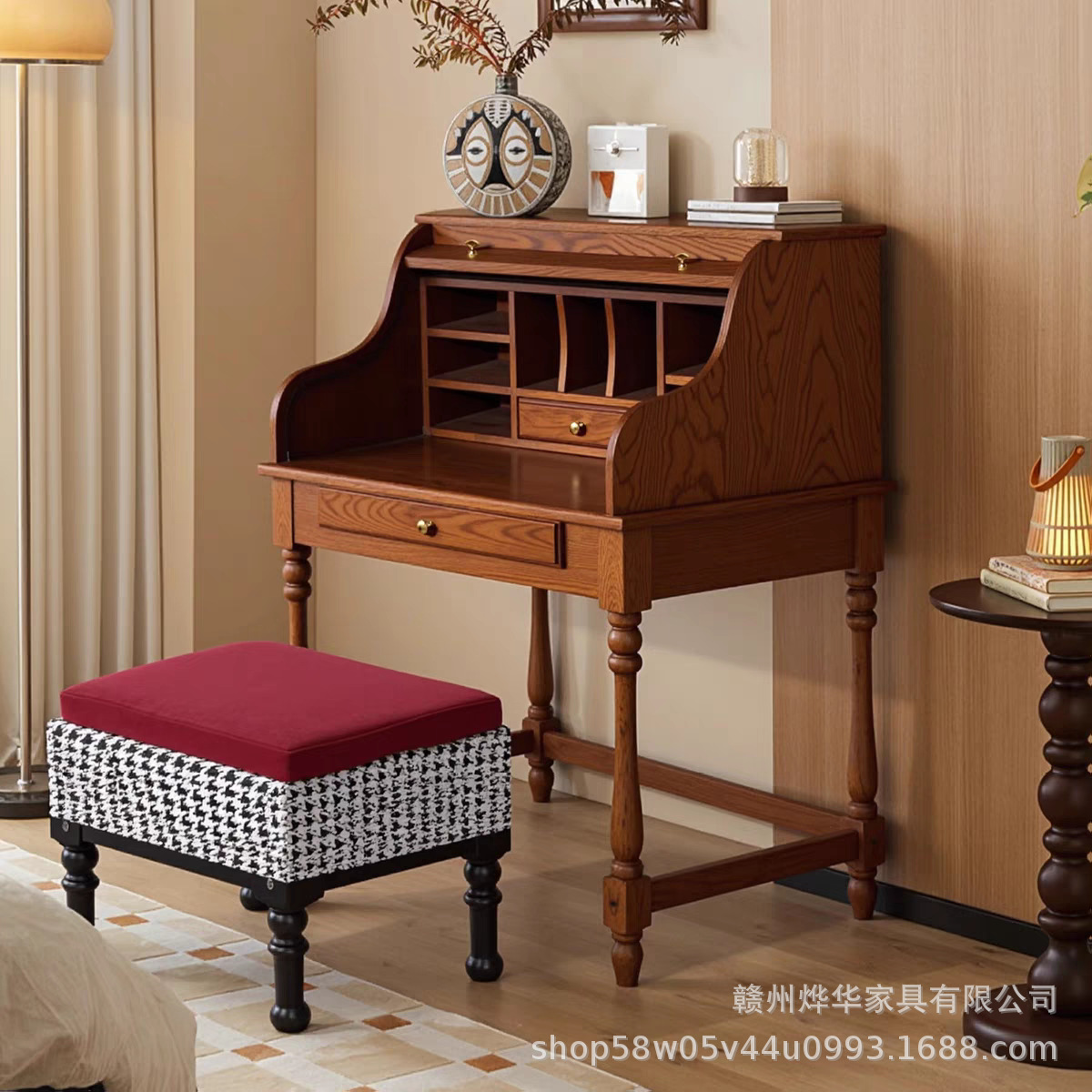 Medieval Style Ash Wood Organ Roller Blind Dressing Table Dressing Stool French Retro Solid Wood Bedroom Makeup Storage Integrated