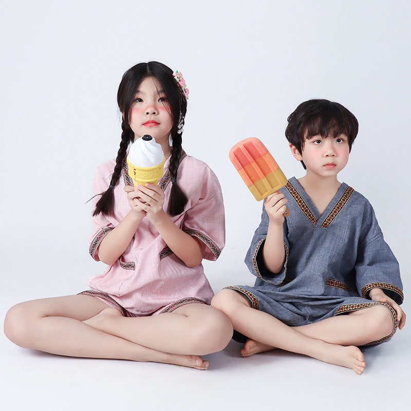 23新款中国风儿童夏季家居服睡衣女童男童短裤短袖浴服汗蒸服亲子