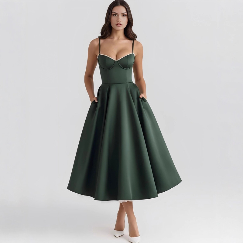 2025 Summer European and American Cross-Border Forest Green High-End Heavy French Fishbone Waist-Cinching Strap Sexy Mid-Length Puff Skirt