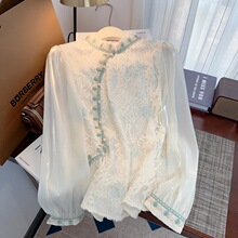2024春季新款中国风蕾丝衬衫女新中式设计感泡泡袖小众盘扣上衣
