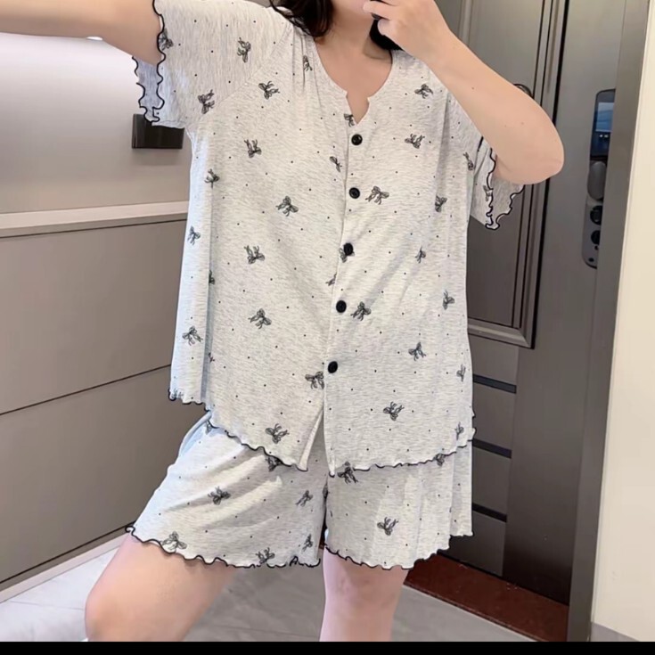 Wholesale Plus-Size Modal Fabric Pajama Set for Plus-Size Women 125kg V-Neck Gray Bowknot with Chest Pads 100kg