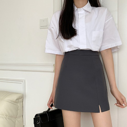 College-style anti-exposure slit A-line skirt for edgy girls: Autumn sheath demi-skirt with high waist, a niche design for women