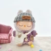 Striped buttoned sweater purple + gray cuffed hat + white B bag