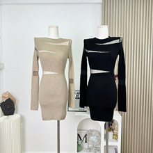 浪漫设计师款镂空欧根纱性感针织秋季紧身包臀收腰连衣裙