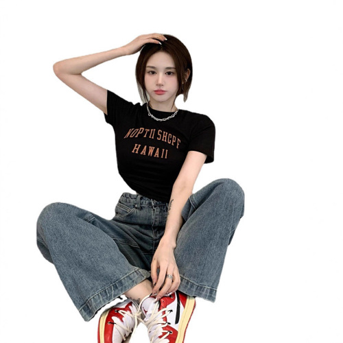 Black Letter Print Women's Ins Trend 2025 Summer Hot Girl Short-Sleeve T-Shirt Slim Fit Crop Top Underwear