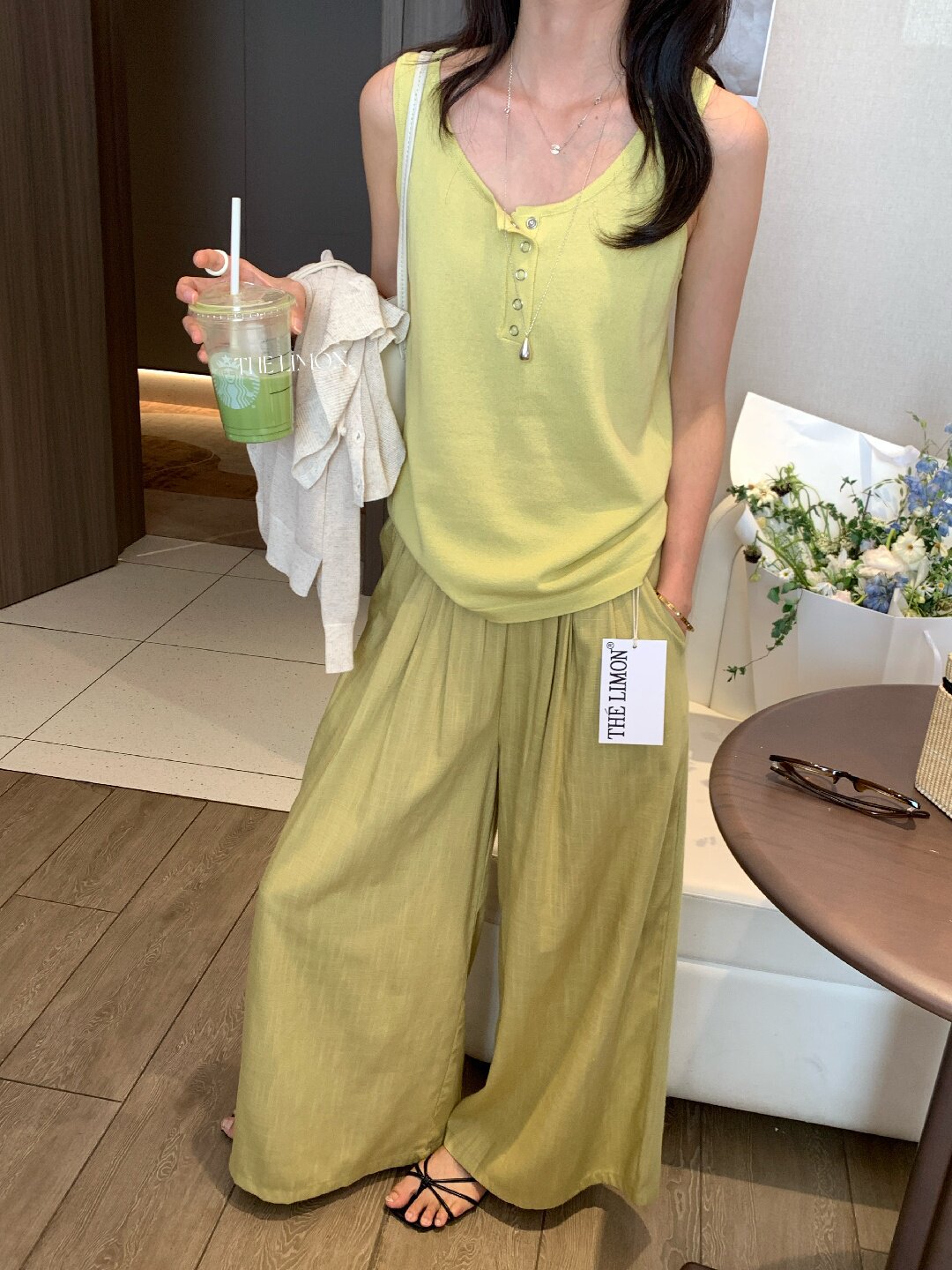 Quần ống rộng nữ vải linen phối cotton dáng suông mùa hè — Xám gạo, Xanh xám nhạt, Xanh đen, Cam bí ngô chi tiết 49