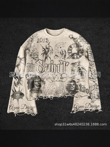2025 new Gothic high street fashion brand men's fashion hip-hop Harajuku retro printed pattern long-sleeved T-shirt
