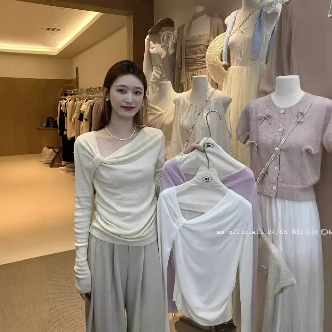 2024年春秋季新款抽褶不规则设计感小众薄款针织衫女长袖小衫上衣
