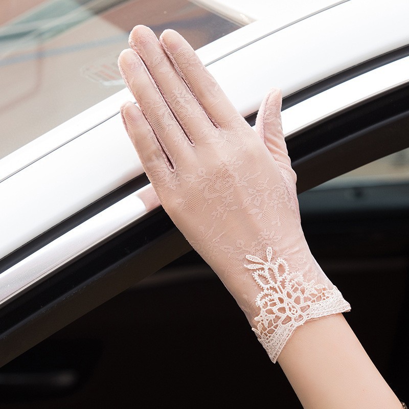Primavera y verano guantes de protección solar para mujer encaje flor conducción ligera transpirable protección solar al aire libre montar guantes de pantalla táctil