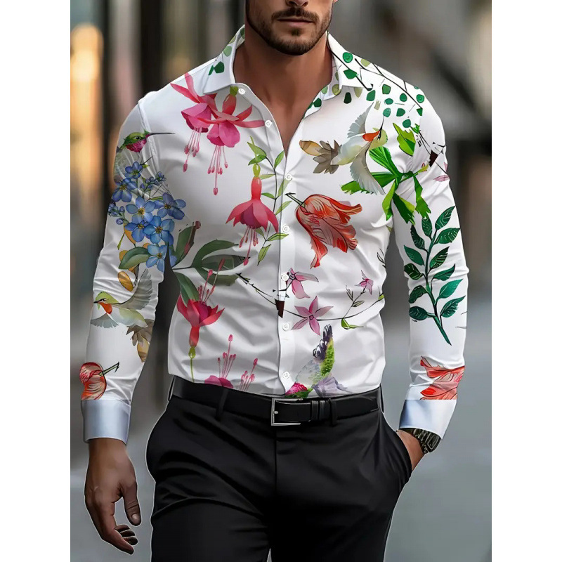Breathable Men's Shirt Cross-Border European and American Amazon Trendy Four-Way Stretch Floral 3D Printed Long-Sleeved Casual Shirt for Men Breathable Men's Shirt Cross-Border European and American Amazon Trendy Four-Way Stretch Floral 3D Printed Long-Sleeved Casual Shirt for Men