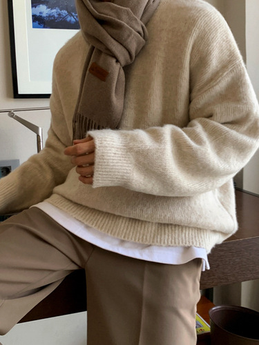 MYQ Solid-Color Lazy-Style Sweater for Men | Winter Warm Base Layer | Korean-Style Trendy Loose-Fit Pullover Knitwear