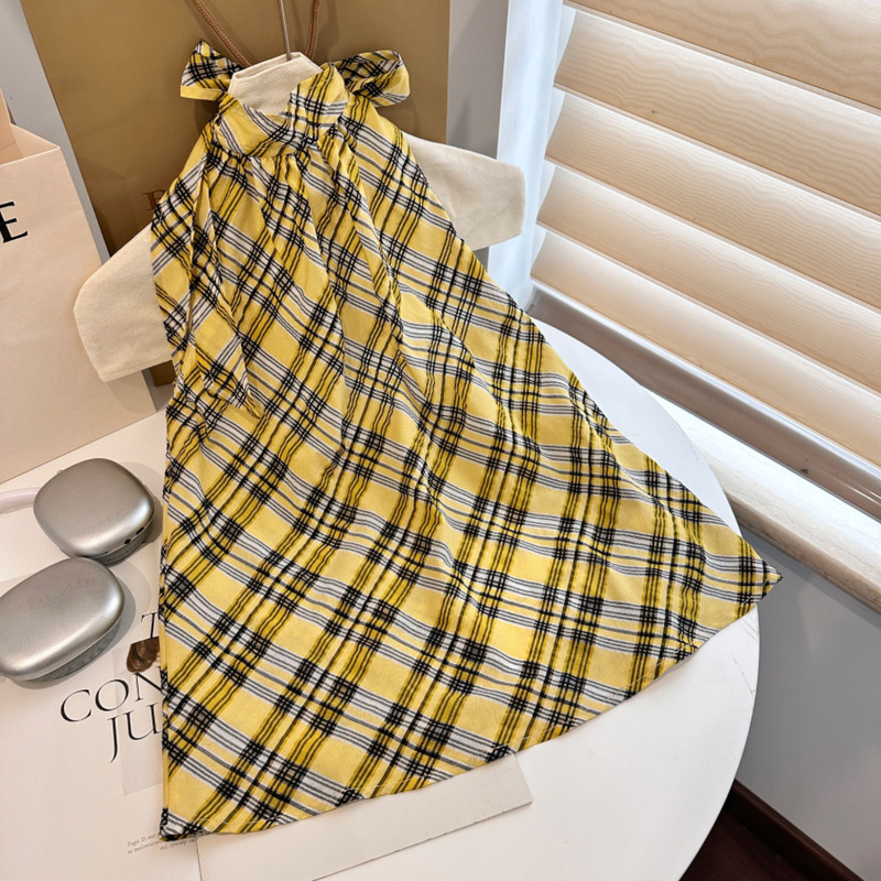 Otaku nia Summer Vacation Vigor Yellow Plaid Ribbon Neck Shirt