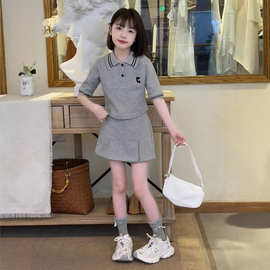 女童POLO衫短袖套装中大童夏季新款半身裙条纹百搭洋气拼色两件套
