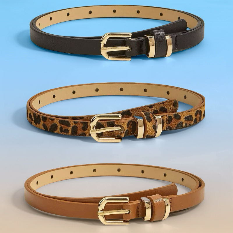 Vintage Thin Leather Belt for Women Versatile Pin Buckle Small Belt Women's Decorative Versatile Simple Leopard Print Pants Belt Fashion Belt for Women