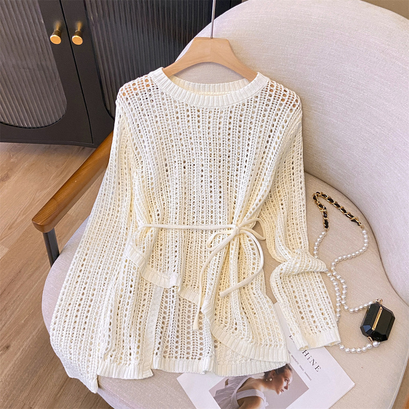 2024 New Ice Silk Thin Loose Hollow Knitted Sweater Women's Lazy Style Mid-length Bohemian Blouse