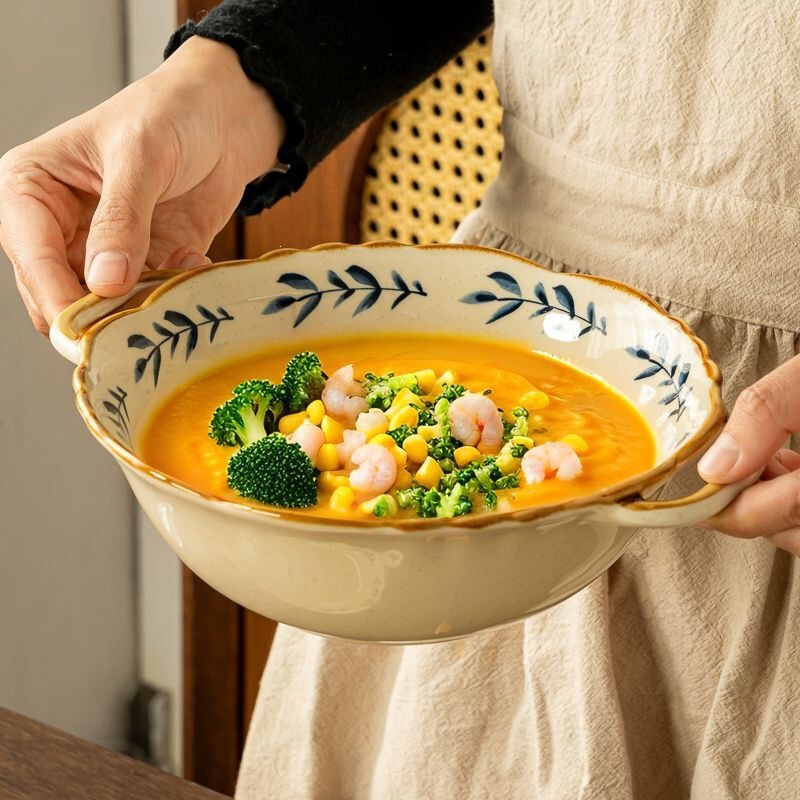 Japanese-style orchid series ceramic soup bowl with double handles, vintage bohemian style, suitable for home use, food-grade Japanese-style orchid series ceramic soup bowl with double handles, vintage bohemian style, suitable for home use, food-grade