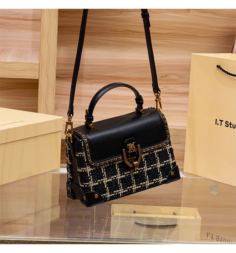 Túi xách tay da thật họa tiết houndstooth cổ điển phong cách Chanel, quai đeo chéo — Màu đen chi tiết 7
