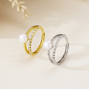 Cross-border Korean Style Freshwater Pearl Single Row Zircon Ring Fashion Distinctive Live Mouth Ring DIY Pearl Accessories Bracelet