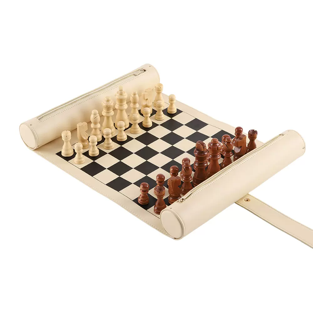 可卷式双轴款国际象棋套装  便携皮革棋盘 木质棋子 旅行商务礼品