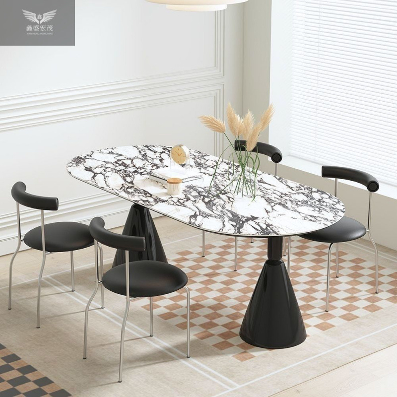 Mesa de comedor del Santo Grial de losa de roca de lujo ligero francés, mesa de comedor y silla para el hogar con crema, restaurante ovalado minimalista moderno, nuevo estilo chino