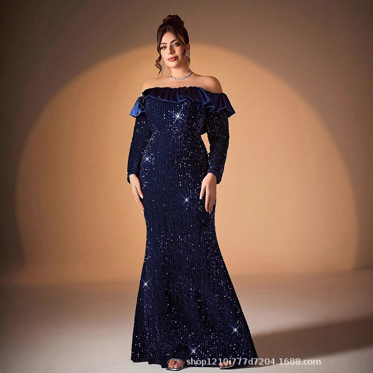 European and American Women's One-Shoulder Solid Color Tube Top Evening Dress Long-Sleeved Sequin Dress Slim-Fitting Elegant Hip-Hugging Fishtail Long Skirt