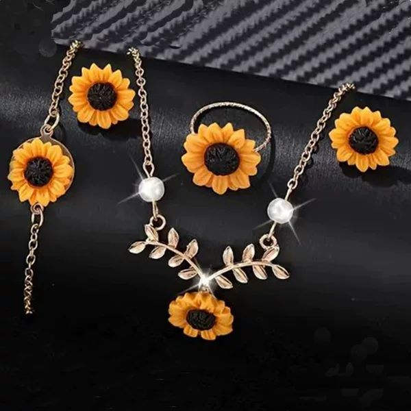 Jewelry Set Hot Sale Creative Sunflower Necklace Sunflower Earrings Ring Flower Bracelet Alloy Four-Piece Set