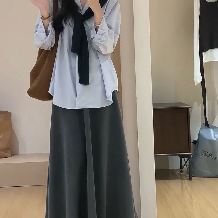 韩系休闲套装宽松长袖翻领衬衫女秋季高腰修身半身裙字裙两件套|undefined