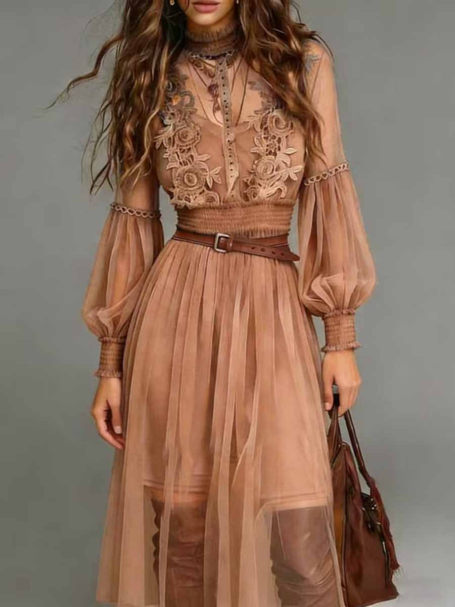 2026 European And American Cross-border Independent Site Western Resort Sheer Lantern Sleeve Lace Appliqué Mesh_ecoleips.com