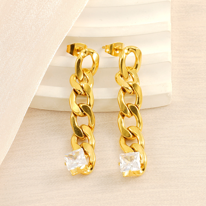 2024 nueva moda transfronteriza estilo europeo y americano cadena de diseño pendientes largos cadena cubana femenina pendientes de circón chapado en oro