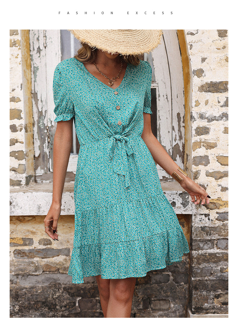 High Waist Slim V-Neck Short Sleeve Lace-Up Floral Dress NSDMB116428