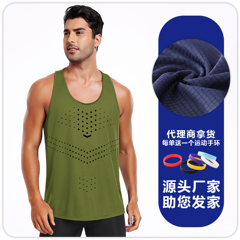 2025 verano nuevo estilo patrón de puntos, chaleco de corredor de secado rápido y transpirable para hombre, ropa deportiva de seda de hielo para correr