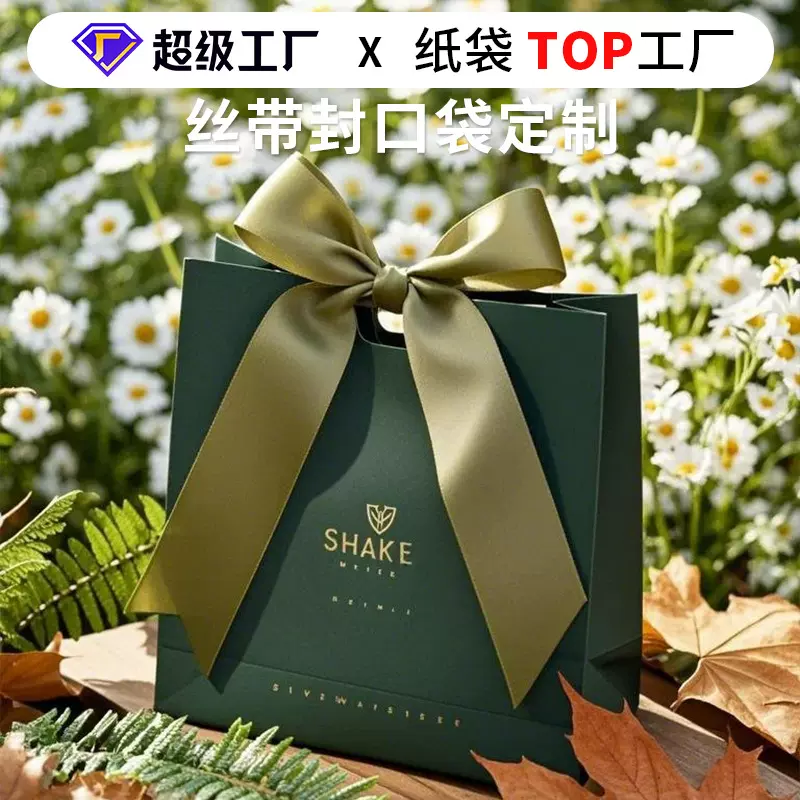 高级感丝带封口手提袋定制高档礼品礼物袋服装店硬纸袋子订做logo