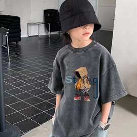 欧美男童纯棉短袖t恤夏装儿童洋气痞帅水洗做旧上衣男孩潮牌体恤