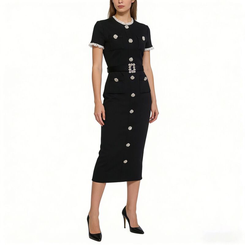 2026 Spring French Style Elegant Lace Patchwork Rhinestone Button Black Bandage Waist-Slimming Short-Sleeve Long Dress