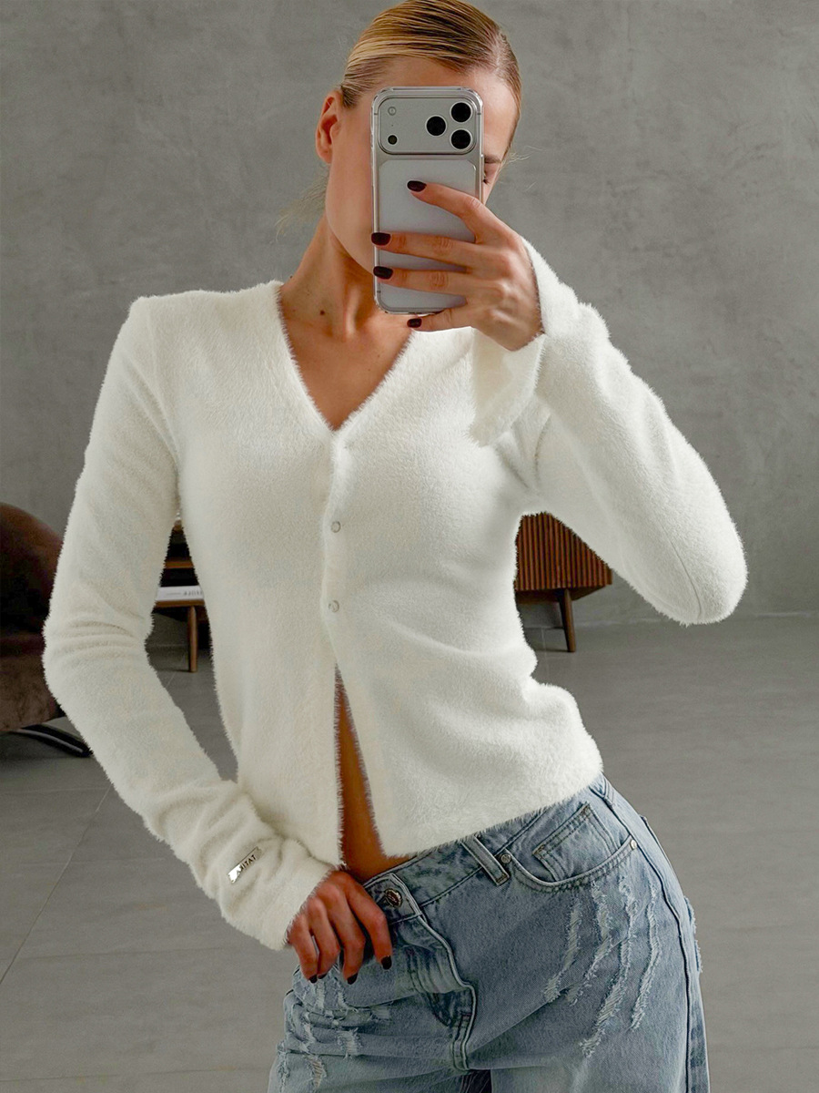 Suéter blando y glutinoso transfronterizo Europa y los Estados Unidos 2026 otoño y invierno nuevo cuello en V imitación de la camiseta de agua, cintura corta cardigan de punto