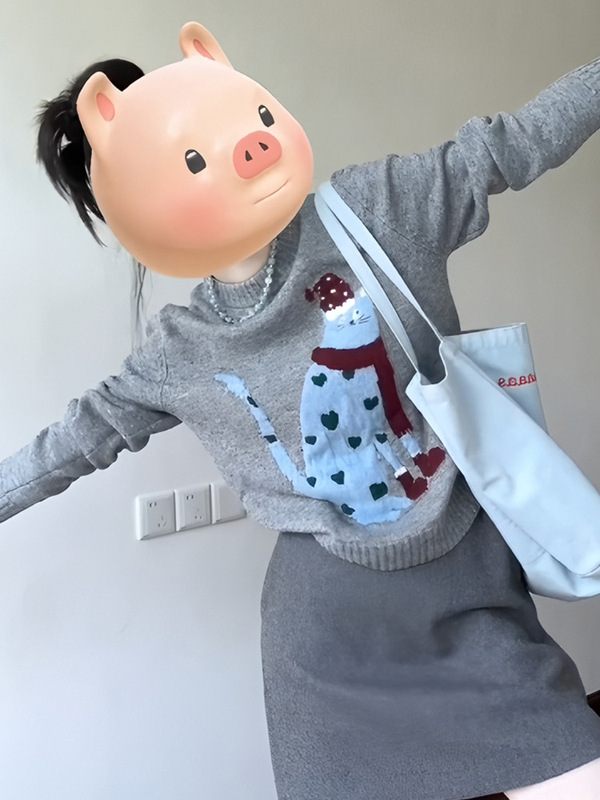 圆领套头针织毛衣女秋冬季慵懒卡通提花内搭软糯短款2025新款上衣|undefined