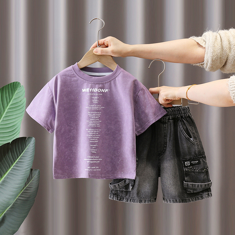 7132 Traje de manga corta de verano para niños, chico guapo, ropa de moda coreana, camiseta de dos piezas de verano con letras