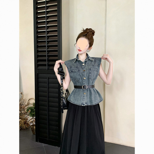 Women's Petite Summer Outfit: Two-Piece Flowy Sheath Dress Set with No-Sleeve Chanel-Inspired Denim Suit, Exuding High-End Elegance
