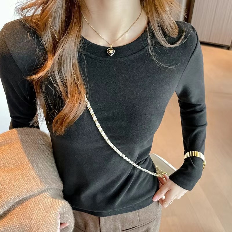 Camiseta de base negra de cuello de media altura de terciopelo femenino otoño y invierno nuevo estilo coreano grueso camiseta de manga larga de terciopelo de doble cara image 1