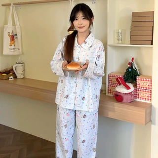 2025秋冬新款纯棉磨毛梦幻星星熊卡通可爱睡衣可外穿女生家居服