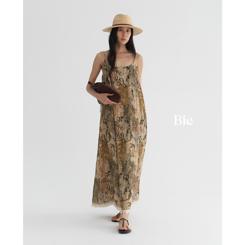 Bie Handmade Rope Knot Beaded Printed Strap Dress for Women, Summer High-End Tassel-Edged Sleeveless Long Dress