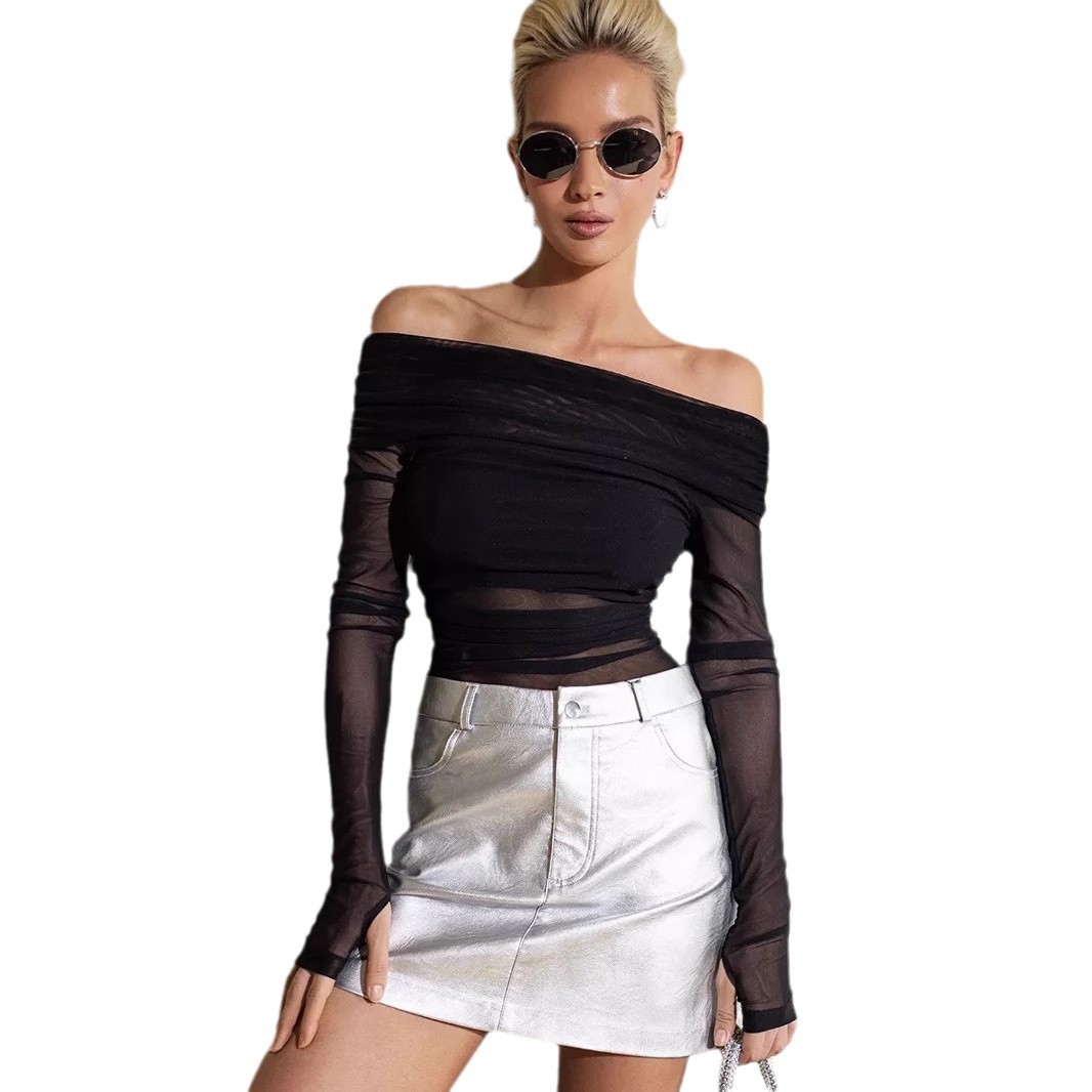 Damen Slim Fit Mesh Top, One Shoulder, Langarm, Unifarben, Lässig-elegant, Modisches Frühlings-Sommer-T-Shirt für Erwachsene_voghion.com
