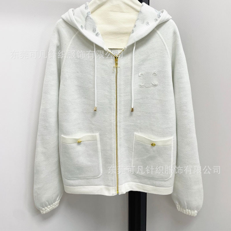Ce's Small Fragrant Style Knitted Zipper Hooded Long-Sleeved Cardigan Women's Reversible Autumn and Winter Outwear Top Off-White