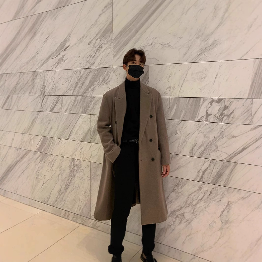 2024 мужское зимнее шерстяное пальто молодежное длинное и длинное колено толстая свободная двубортная шерстяная ветровка куртка