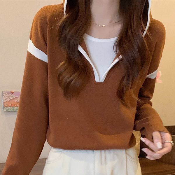 Spring and Autumn Two-Piece Navy Collar Short Knit Sweater Loose Long-Sleeved Sweater Top Spring and Autumn Two-Piece Navy Collar Short Knit Sweater Loose Long-Sleeved Sweater Top