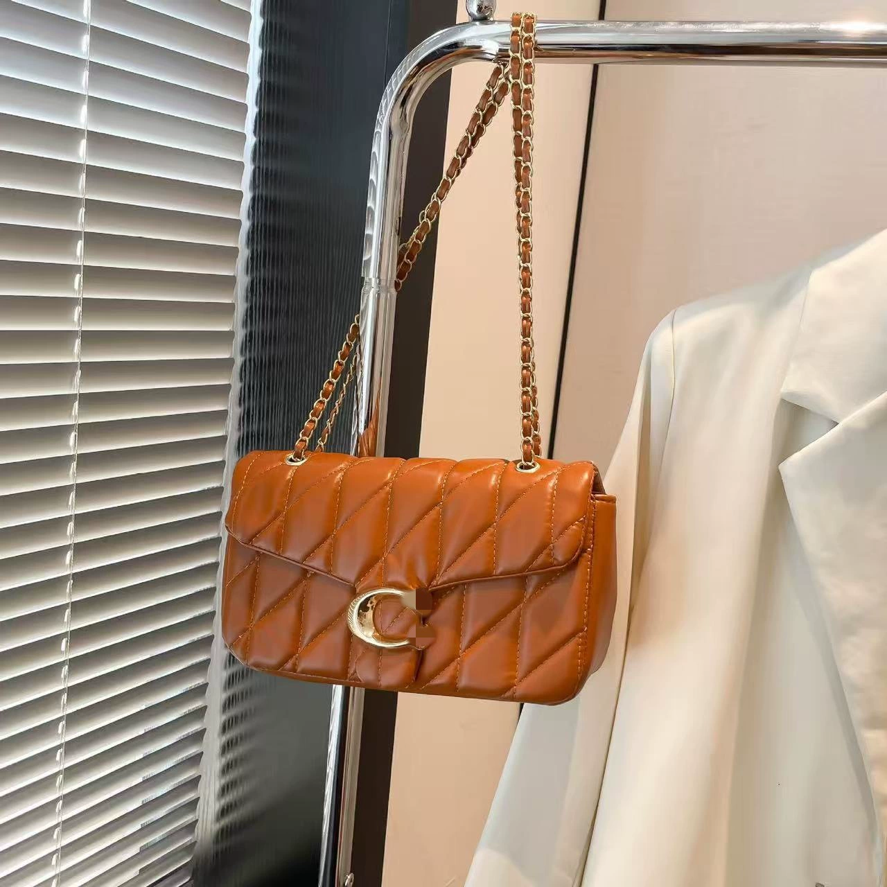 Shoulder Bag (Chanel-style) Quilted Diamond Pattern, Chain Strap, Flap 7 Colors